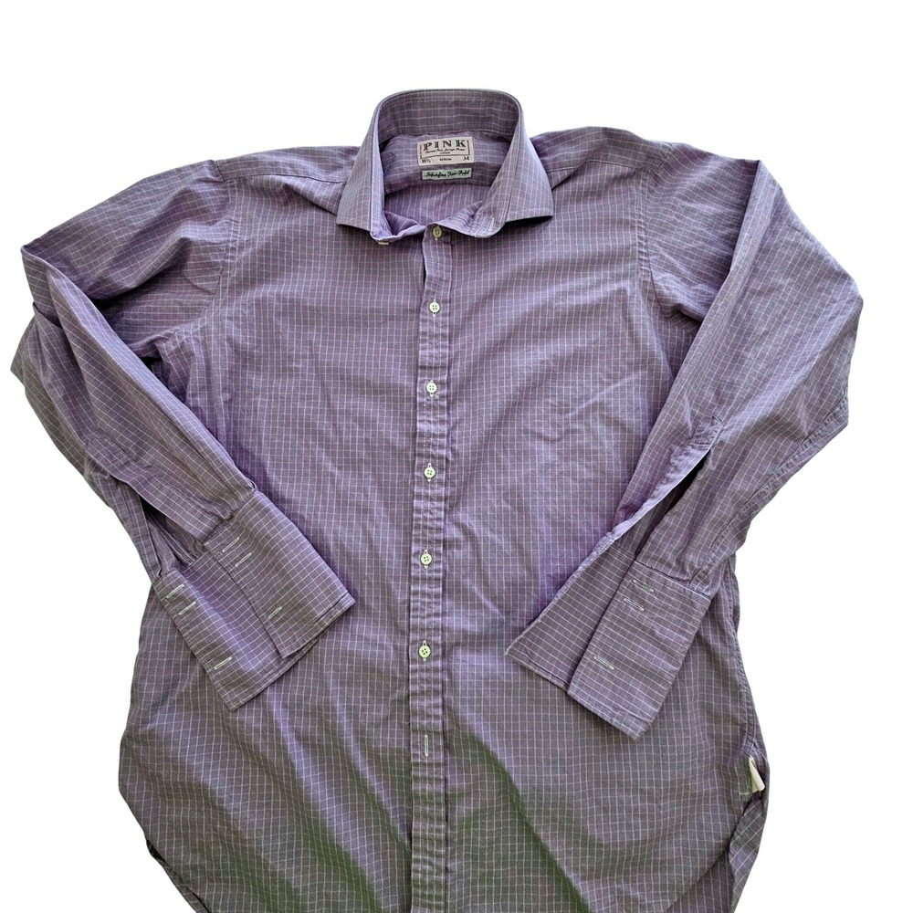 Thomas Pink Mens Purple Check Dress Shirt 16.5 34 Superfine Two-Fold French Cuff